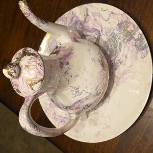 Vintage Sascha Brastoff Surf Ballet PINK and GOLD Ceramic Teapot & Plate Set